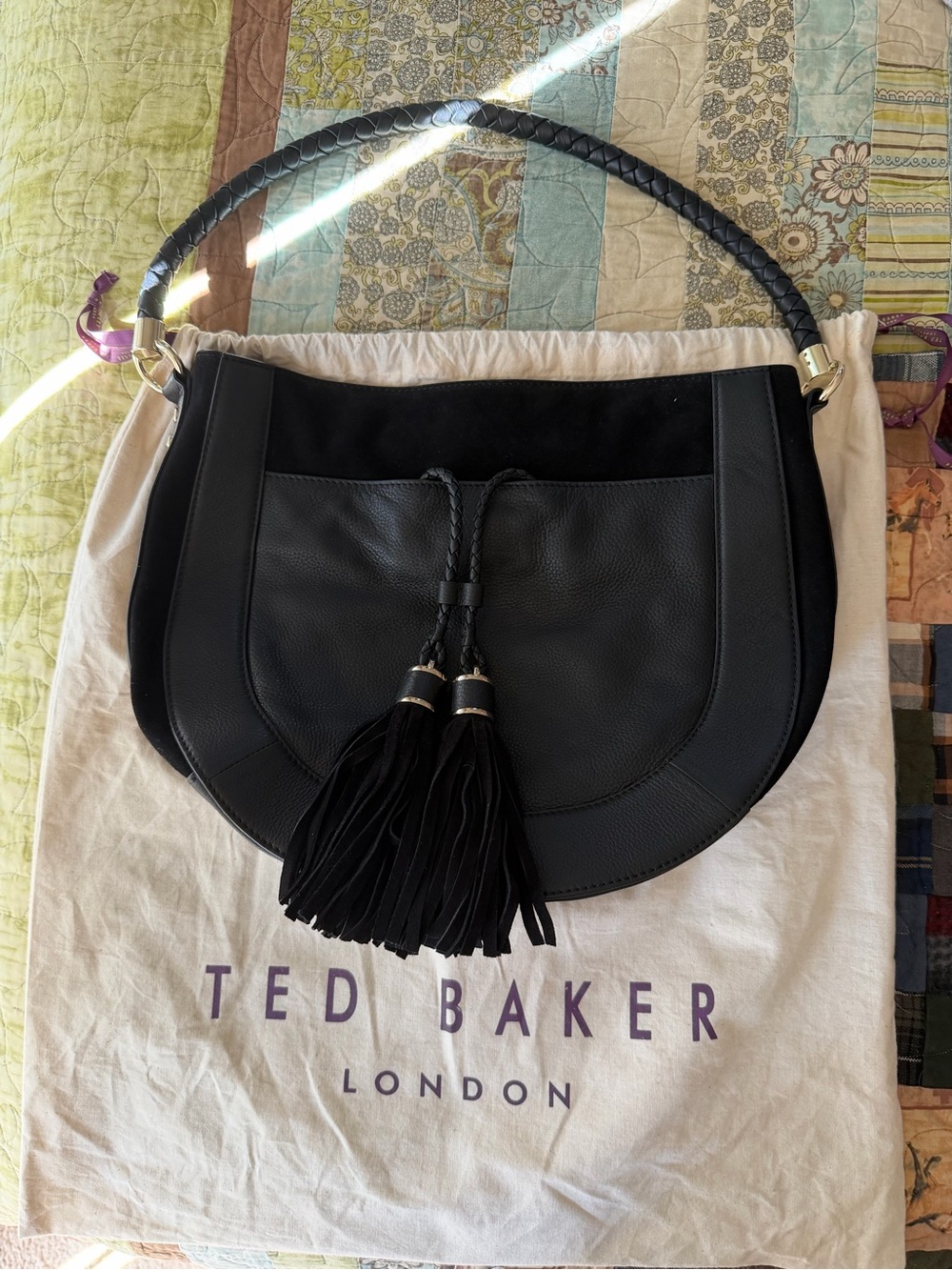 Ted Baker Black Braided-Handle Tassel Hobo Bag